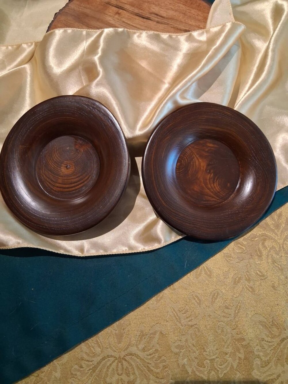 Vintage Turned Wood Shallow Pedestal Bowls Pair MCM Catchall Valet Dishes
